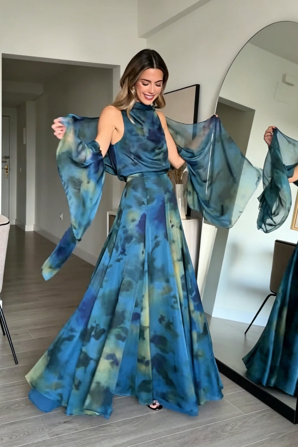 Draped Neck Abstract Skirt Set