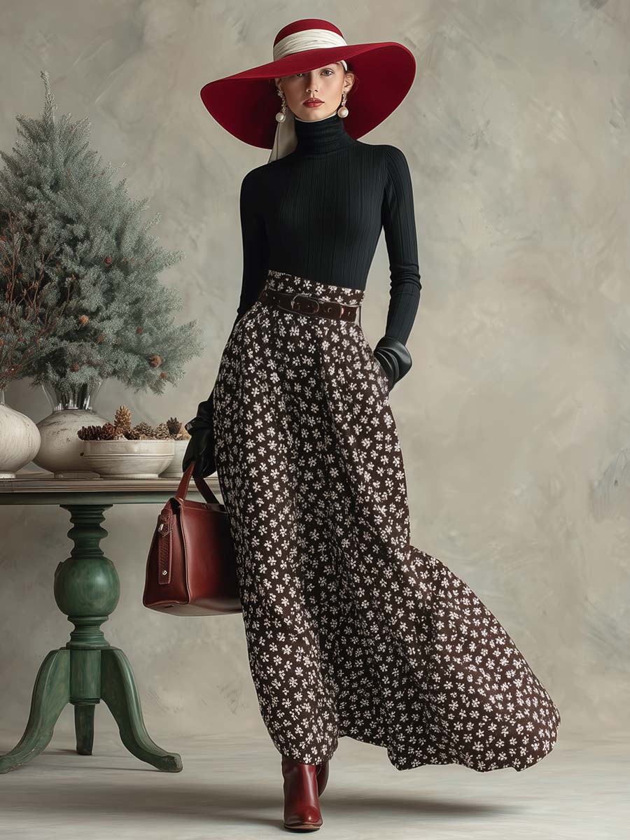 Retro Black Turtleneck Top Brown Print Skirt Set
