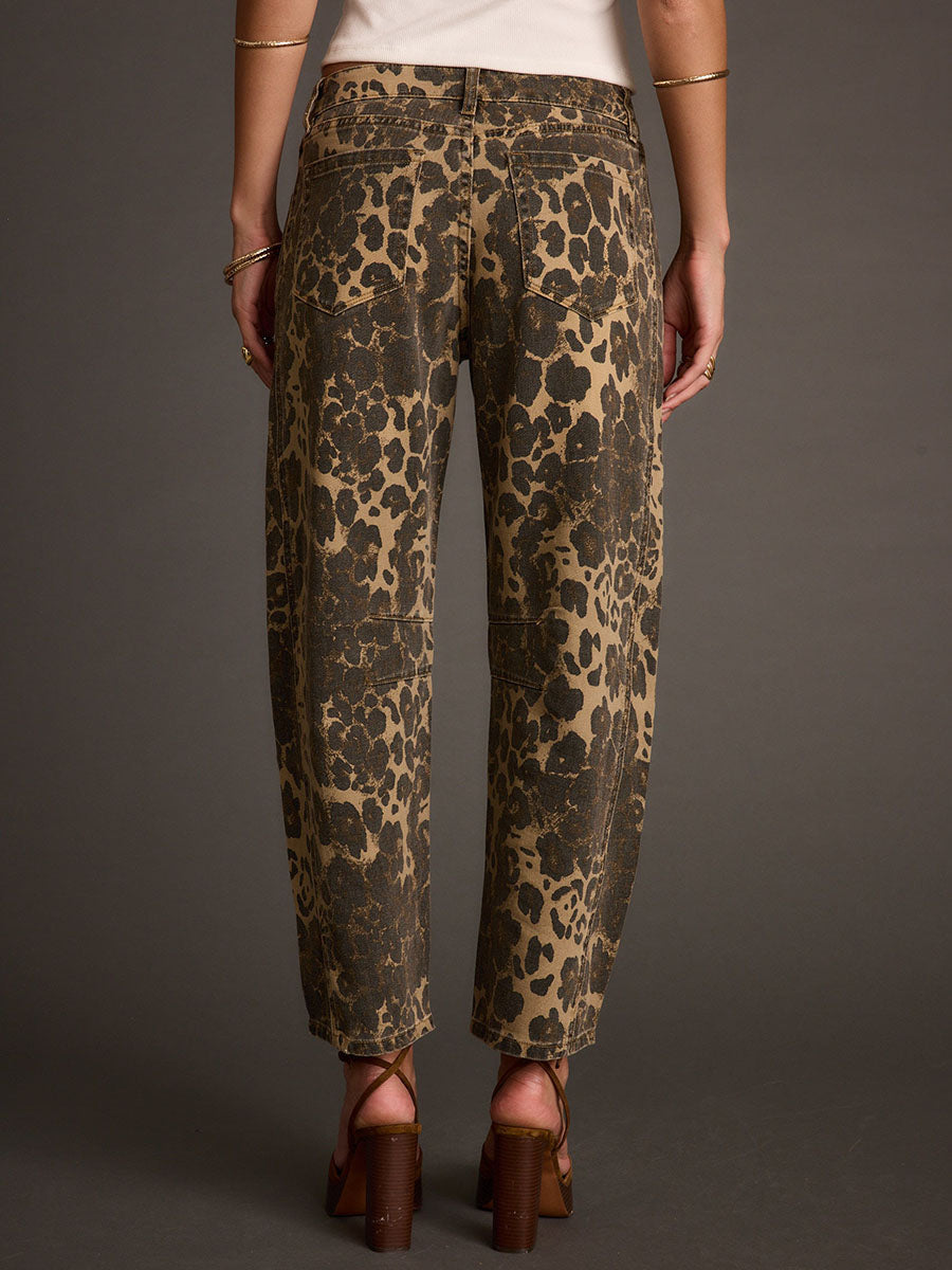 Retro Western Leopard Barrel Jeans