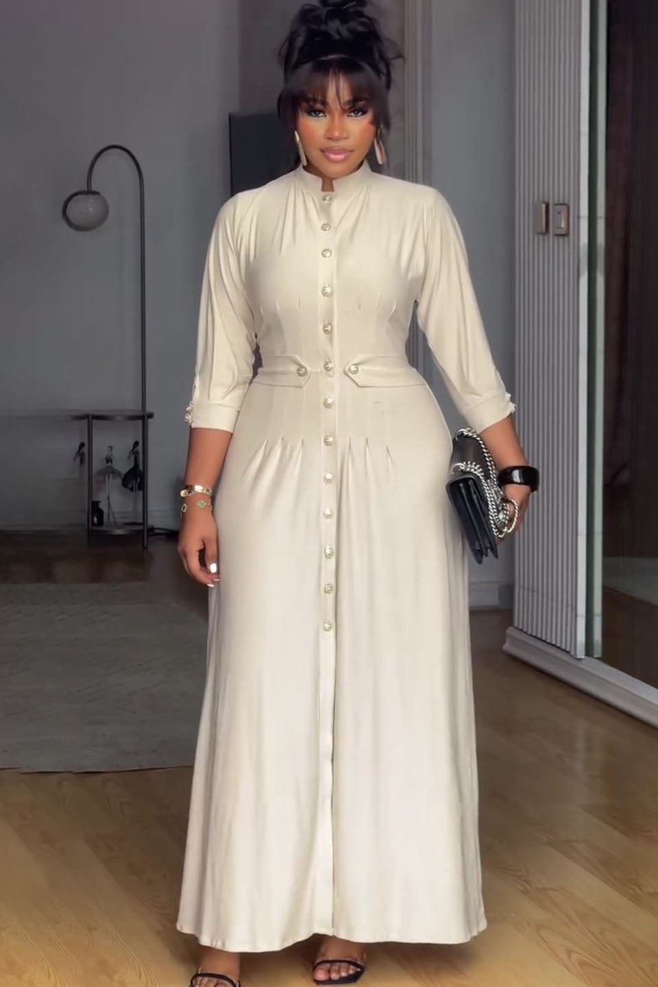 Pearl Button Stand Collar Fitted Maxi Dress