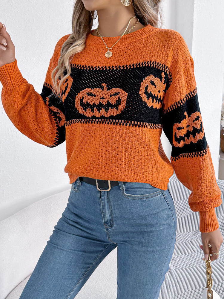 Halloween Pumpkin Head Crew Neck Knit Sweater