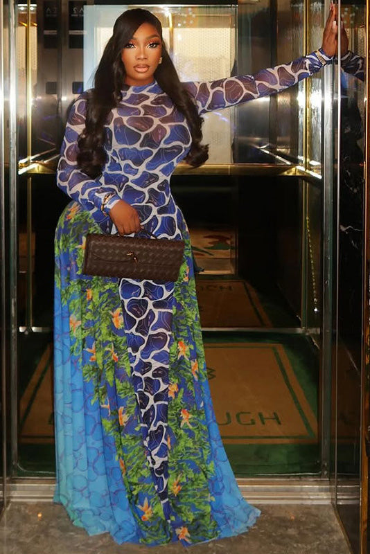 Exotic Blue Print Turtle Neck Maxi Dress