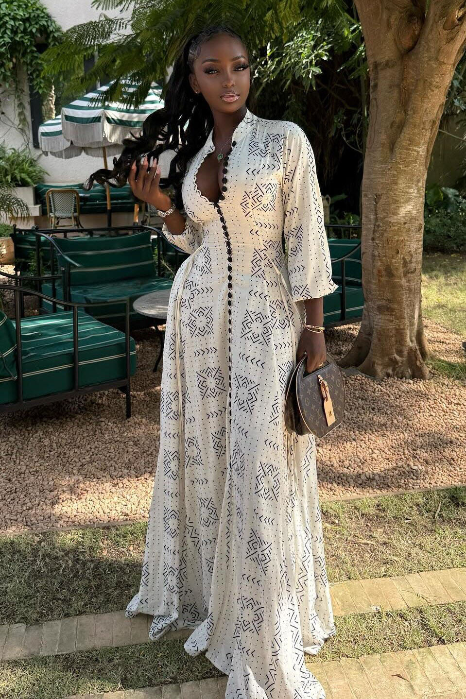 White Geo Print Long Sleeve Gown
