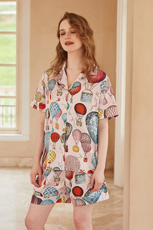 Air Balloon Print Open-Front Short-Sleeve Set