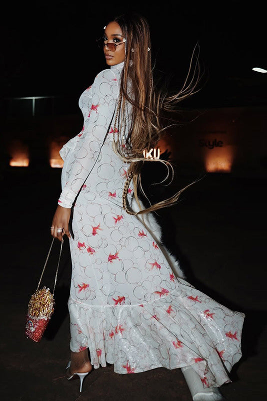Koi Fish Print High-Neck Maxi Dress