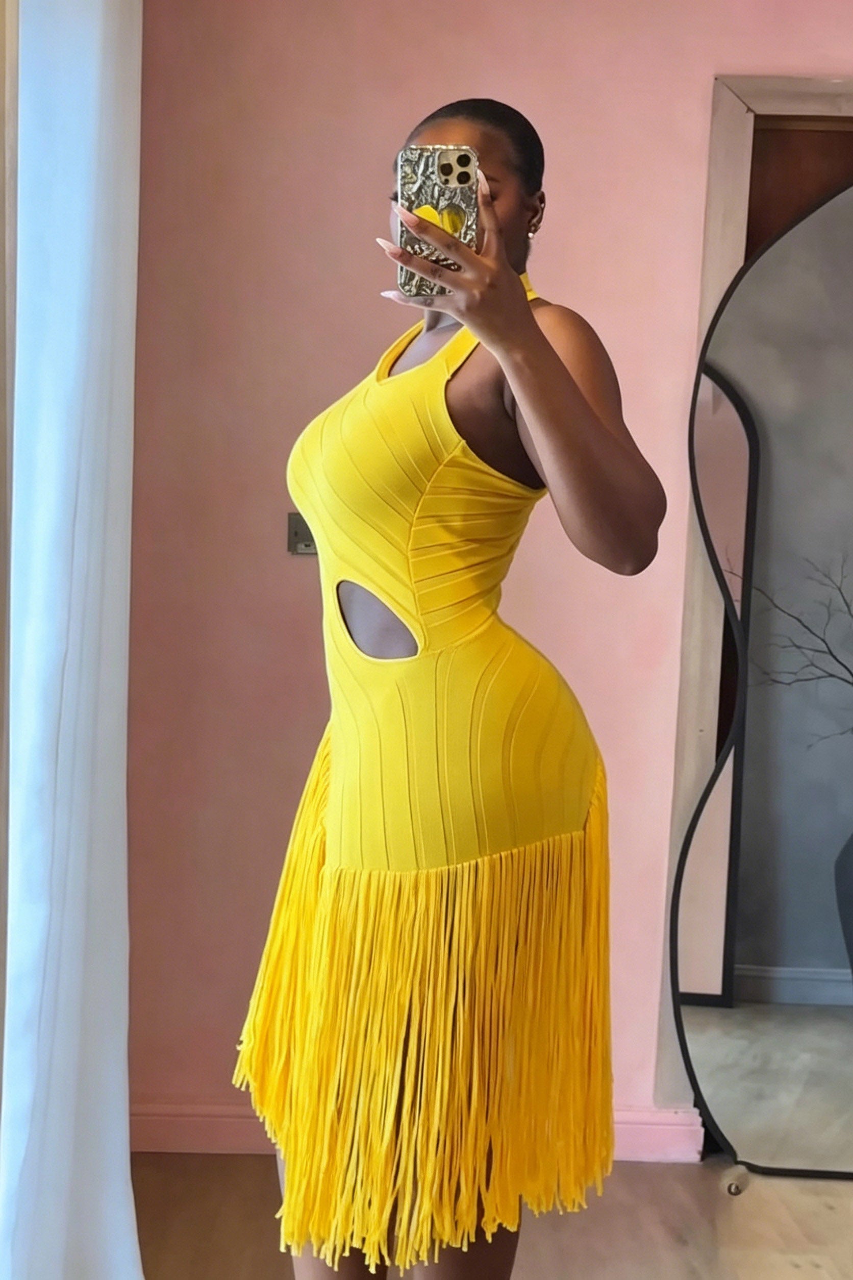Vibrant Yellow Cutout Midi Dress