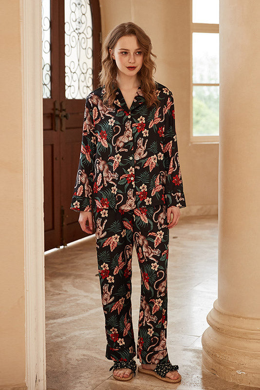 Jaguar Floral Print Long-Sleeve Loungewear Set