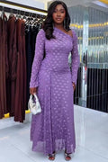 Asymmetrical Neck Bow Print Sheer Mesh Maxi Dress