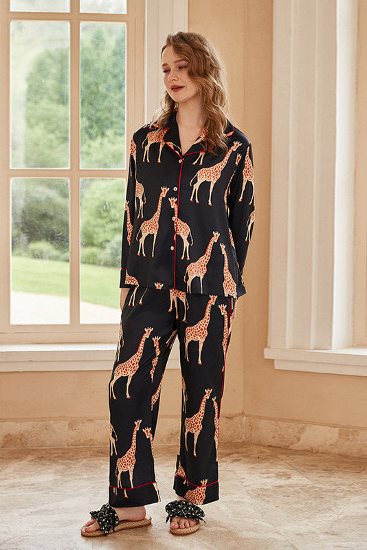 Giraffe Long-Sleeve Ice Silk Set - Black