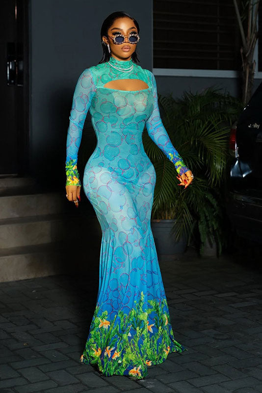 Underwater Print Mermaid Maxi Dress