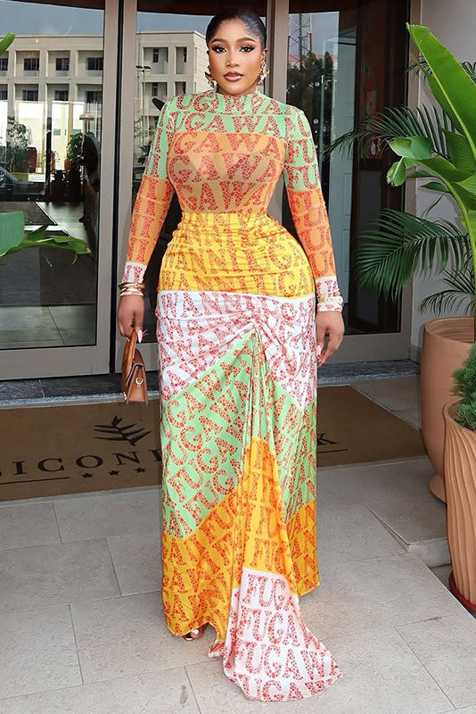 Y2K Graffiti Logo Mesh Maxi Dress