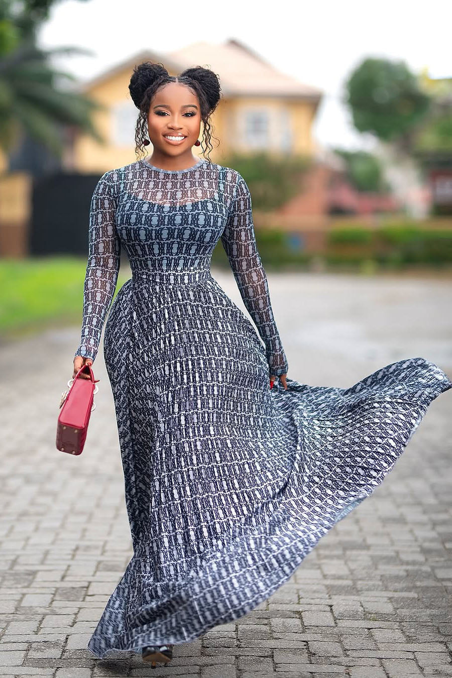 Gradient Chain-Pattern Sheer Mesh Maxi Dress