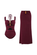Burgundy Boho Beaded Cutout Swimsuit Set