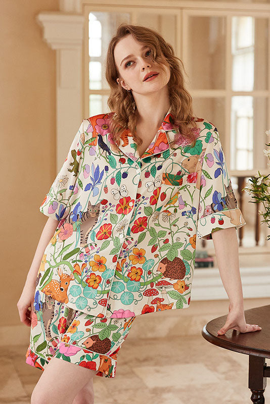 White Forest Garden Print Ice Silk Short Set