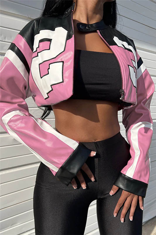 Embroidered Biker Faux Leather Jacket