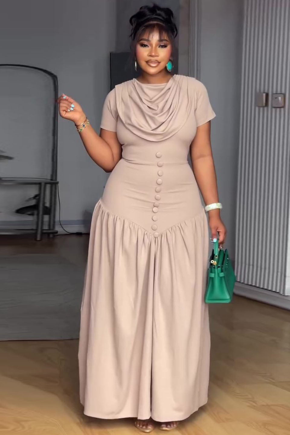 Cowl Neck Button Placket Nude Maxi Dress