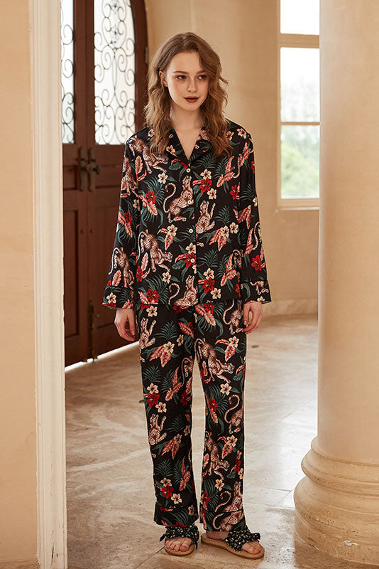 Jaguar Floral Print Ice Silk Long-Sleeve Set