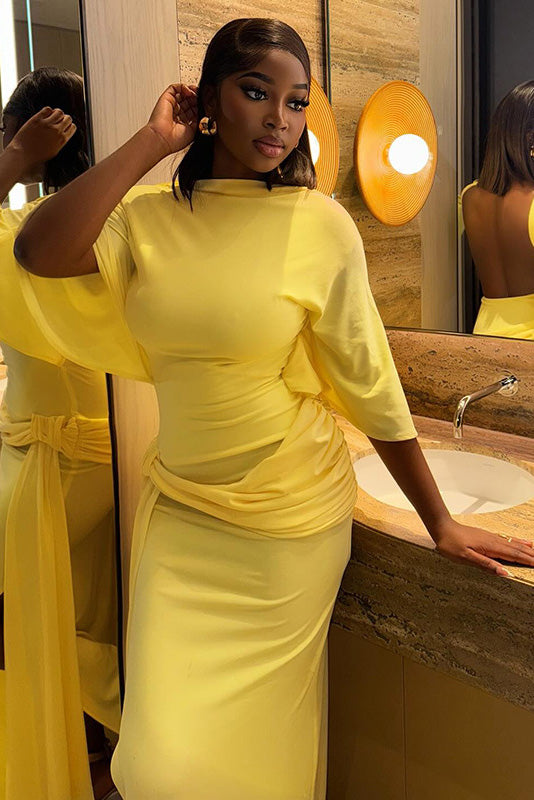Backless Ruched Slit Maxi Dress