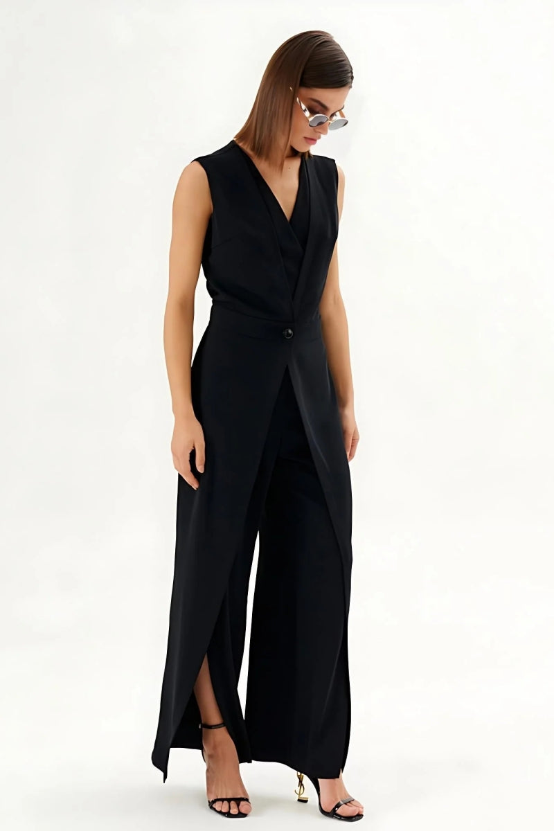 Black Sleeveless Wrap-Effect Wide-Leg Jumpsuit