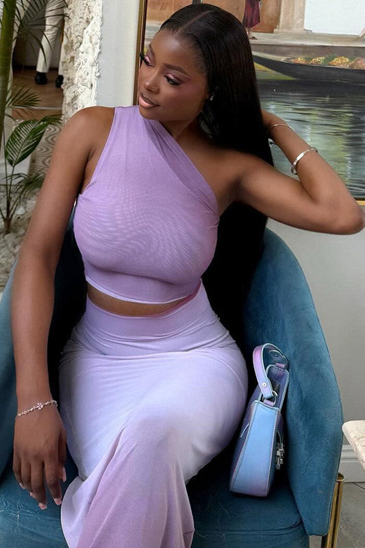 Gradient One-Shoulder Sheer Skirt Set