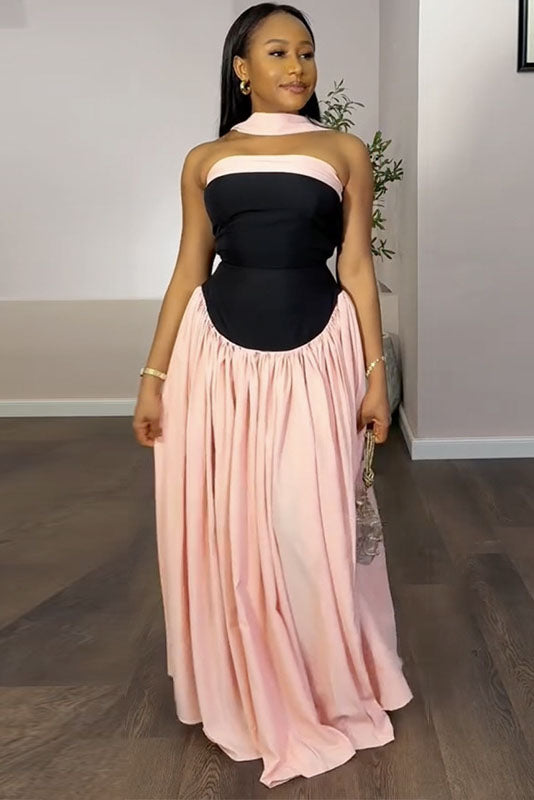 Strapless Flowy Contrast Color Maxi Dress