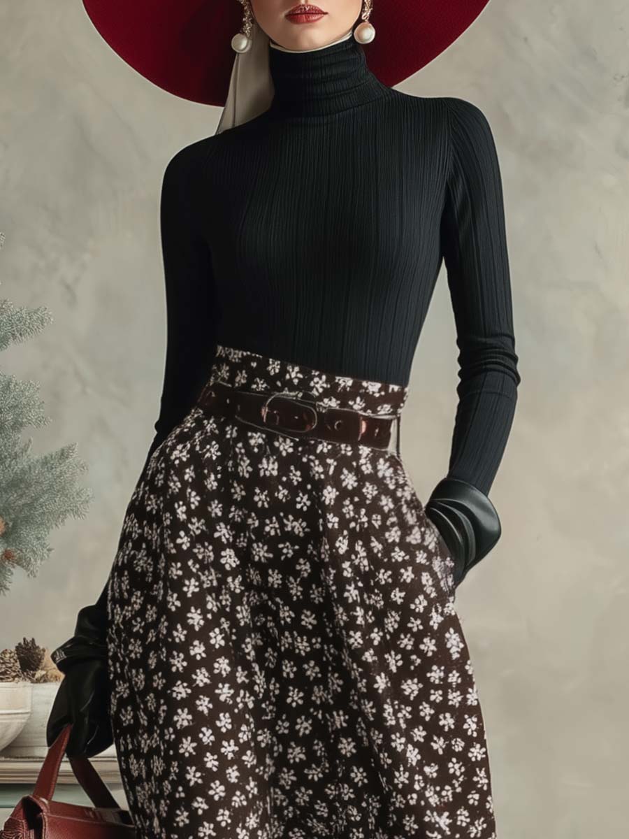 Retro Black Turtleneck Top Brown Print Skirt Set