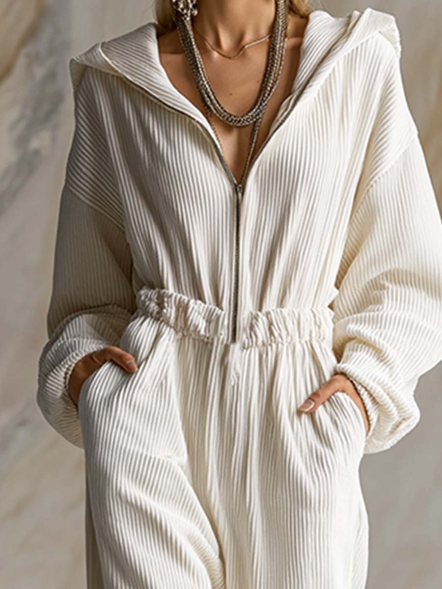 Loose White Corduroy Hooded Long Sleeve Jumpsuit