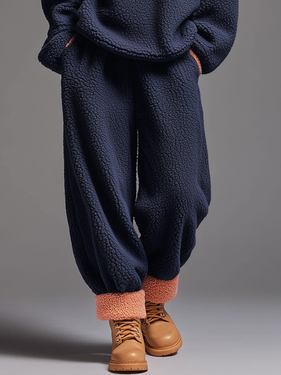 Navy Blue Polar Fleece Half-zip Pants Sports Set