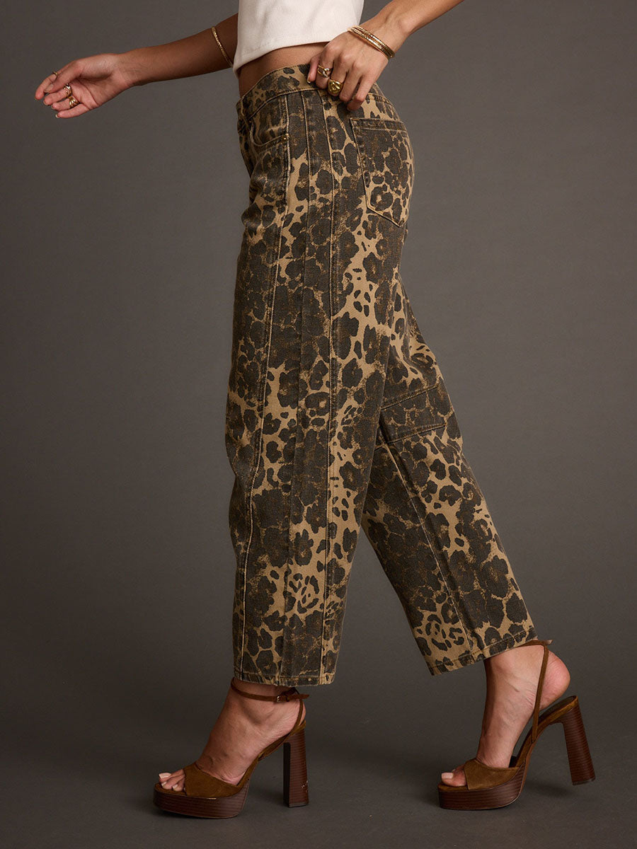 Retro Western Leopard Barrel Jeans