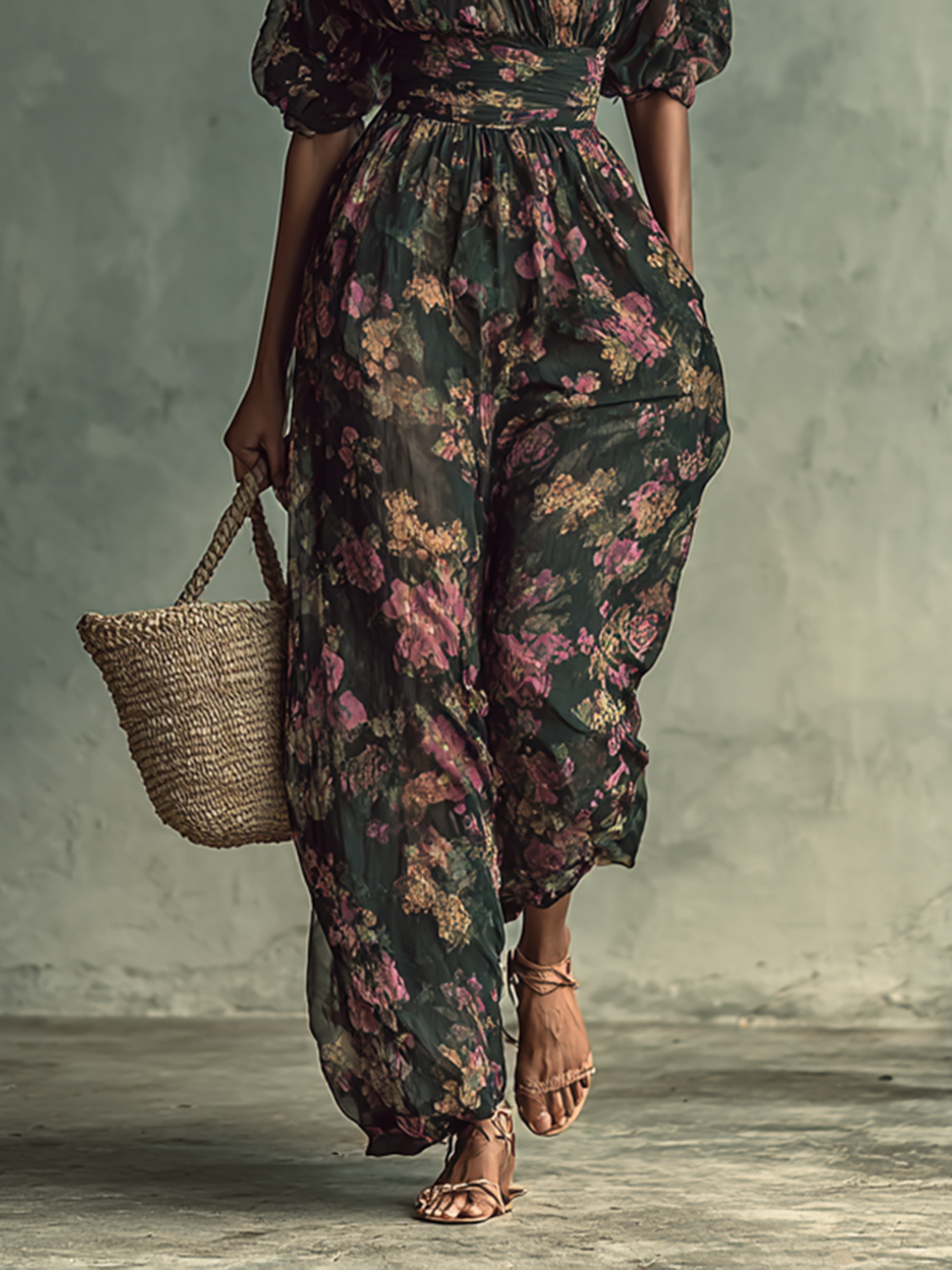 Floral Print Bandeau Short Sleeve Waist Jumpsuit