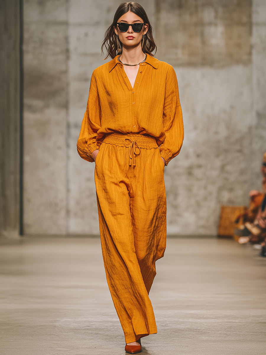 Casual Retro Orange Shirt And Pants Set