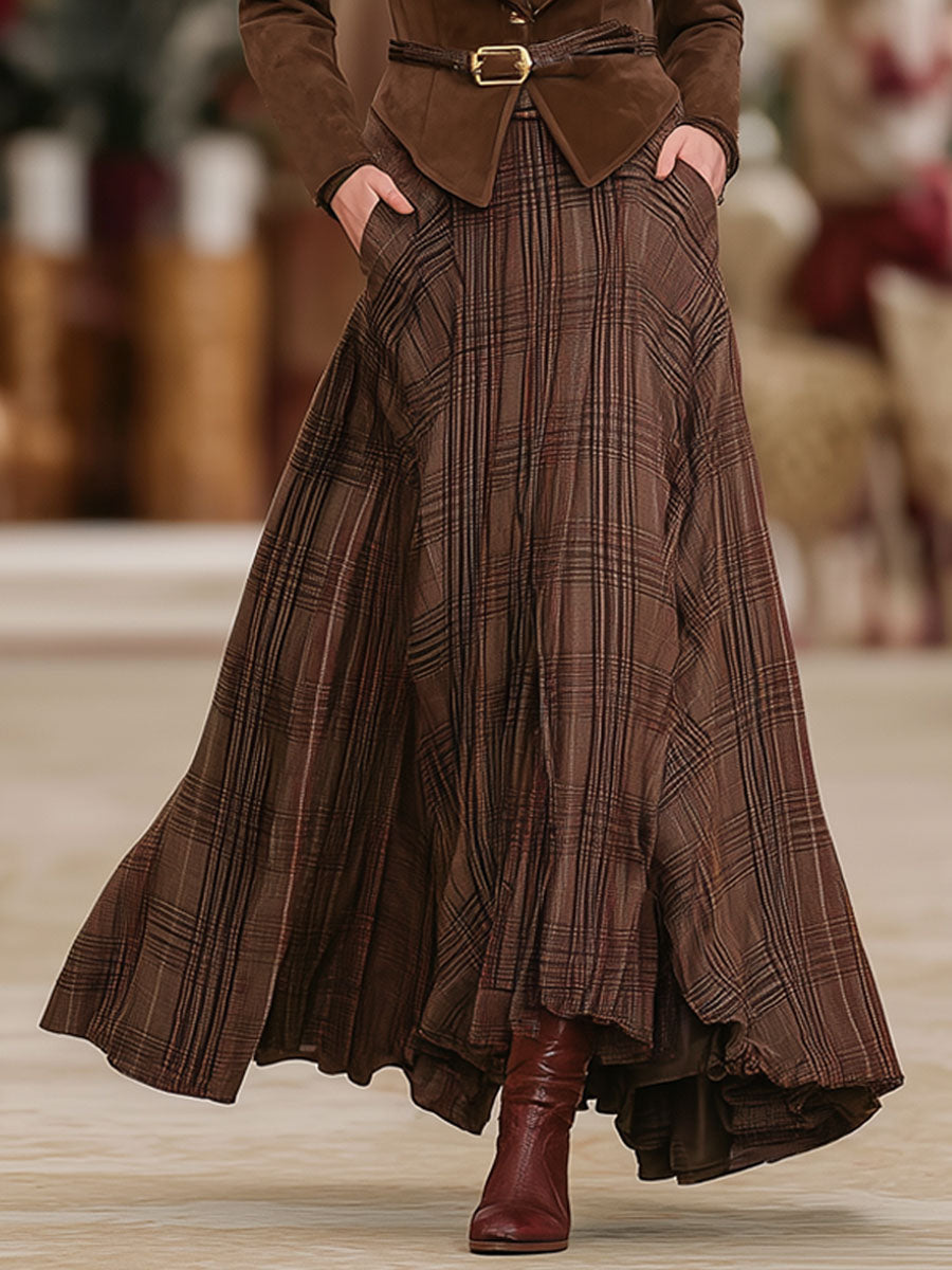 Retro Brown Plaid Double Pocket Elastic Skirt