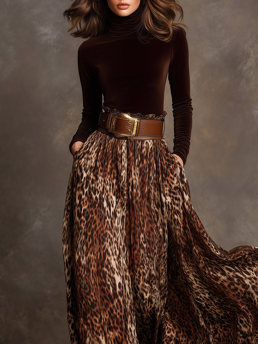 Turtleneck Velvet Top & Leopard Print Skirt Set