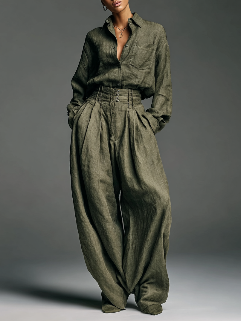 Cotton Linen Long Sleeve Shirt Two-Piece Set
