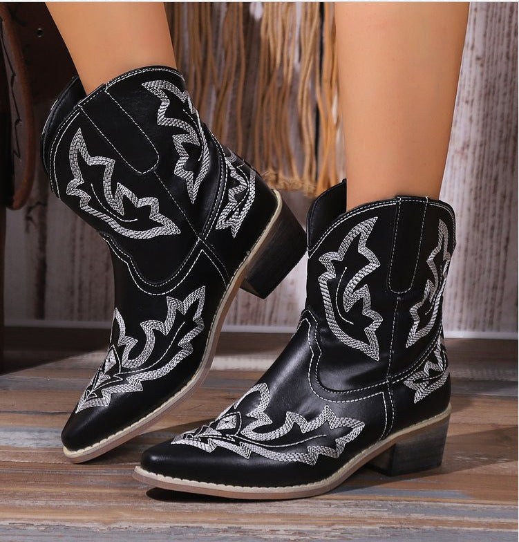 Vintage Embroidered Block Heel Short Boots