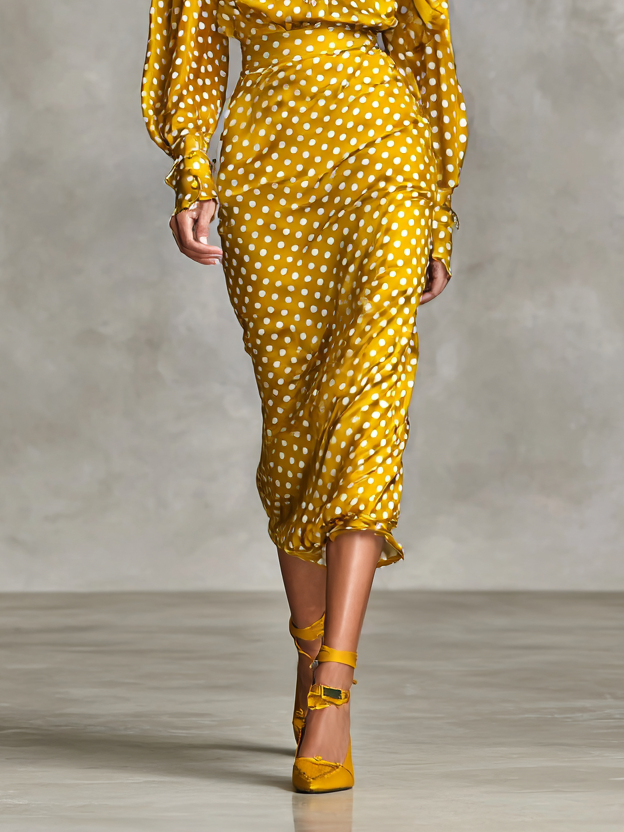 Satin Polka Dot Print Shirt Skirt Two-Piece Set