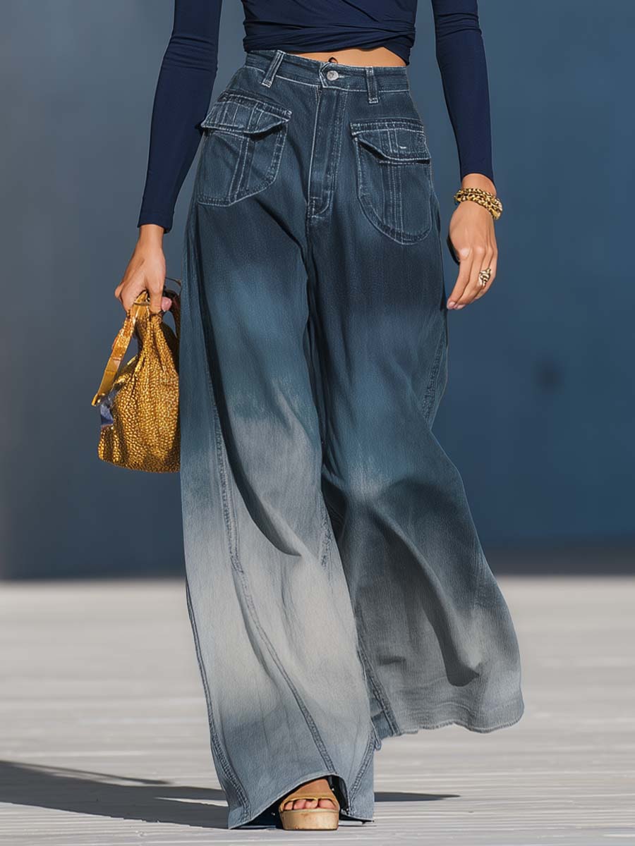 Gradient Washed Denim Blue Gray Loose Pants