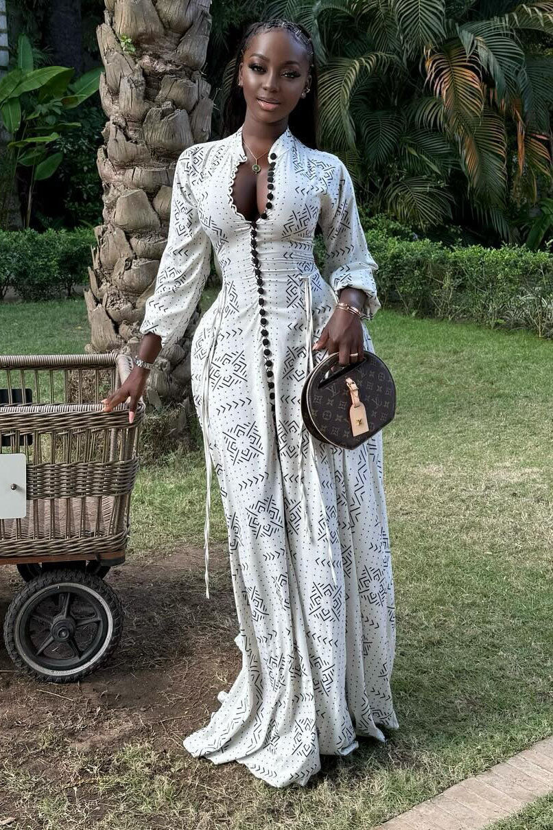 White Geo Print Long Sleeve Gown