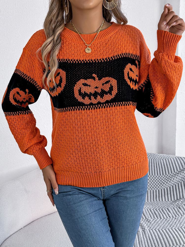 Halloween Pumpkin Head Crew Neck Knit Sweater