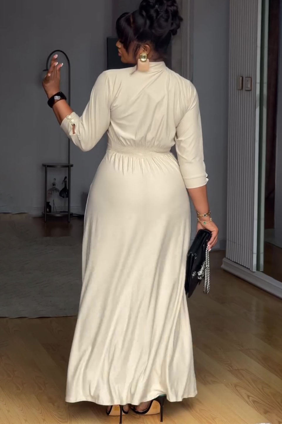 Pearl Button Stand Collar Fitted Maxi Dress