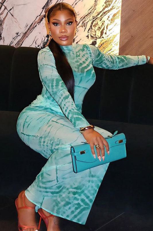 Artistic Teal Tie-Dye Sheer Turtleneck Maxi Dress