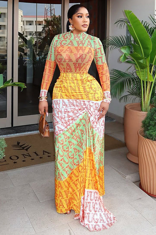 Y2K Graffiti Logo Mesh Maxi Dress