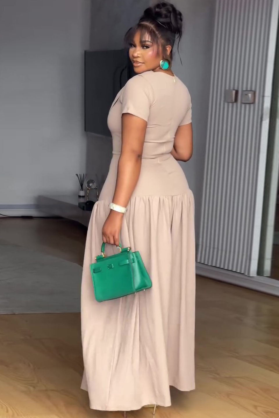 Cowl Neck Button Placket Nude Maxi Dress