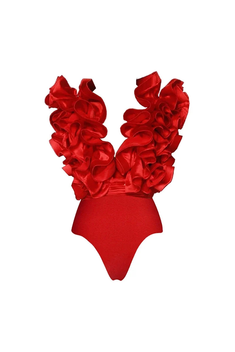 Lace Trim V-Neck Red Swimsuit Set