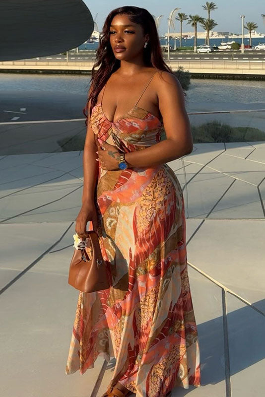 Boho Abstract Floral Mesh Slip Maxi Dress