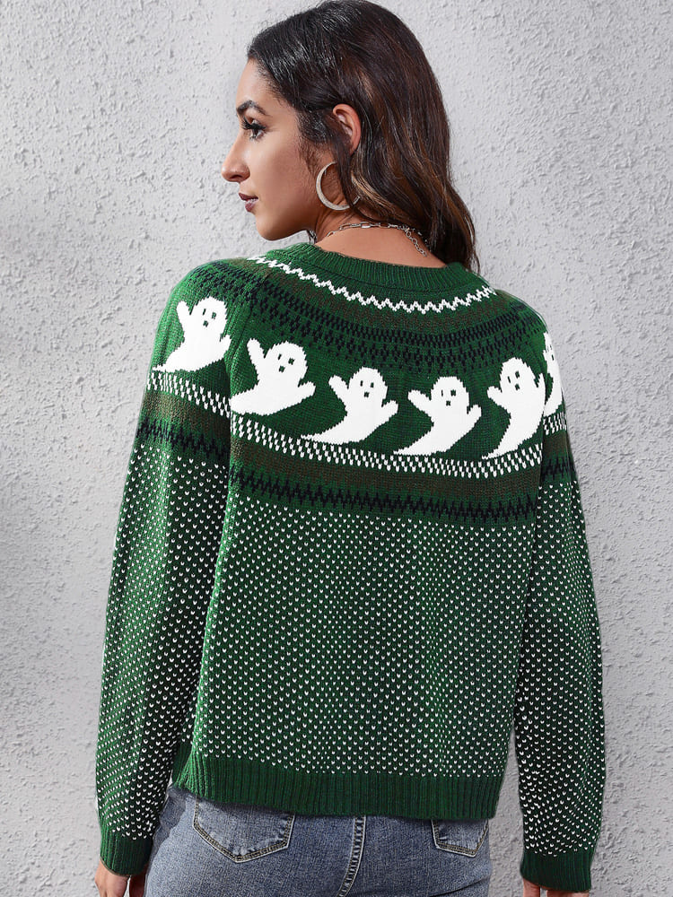 Literary Retro Ghost Pattern Neck Knitted Sweater