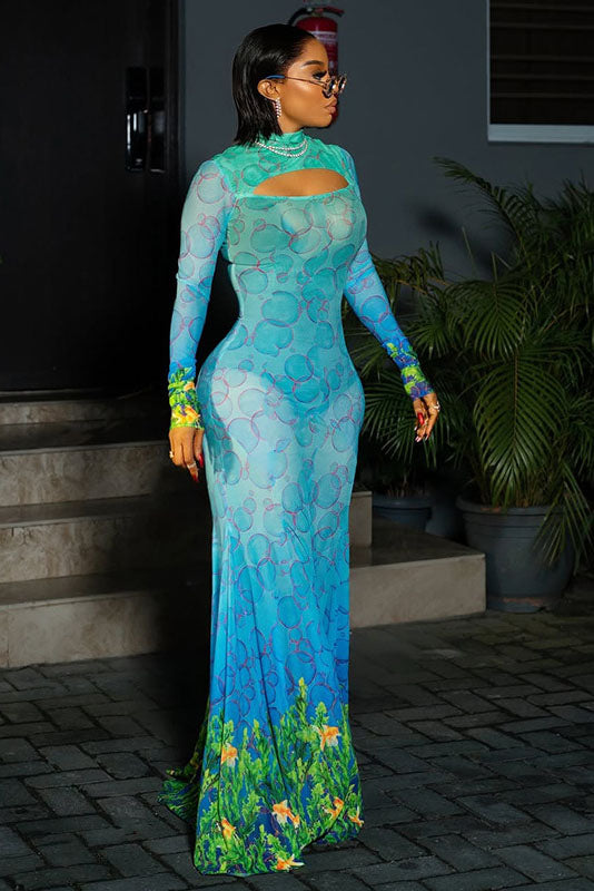 Underwater Print Mermaid Maxi Dress
