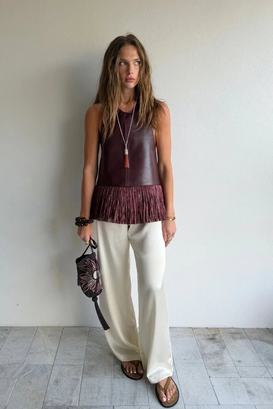 Burgundy Leather Halter Fringe Top