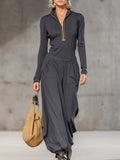 Retro Sports Dark Gray Collar Front Top Pants Set