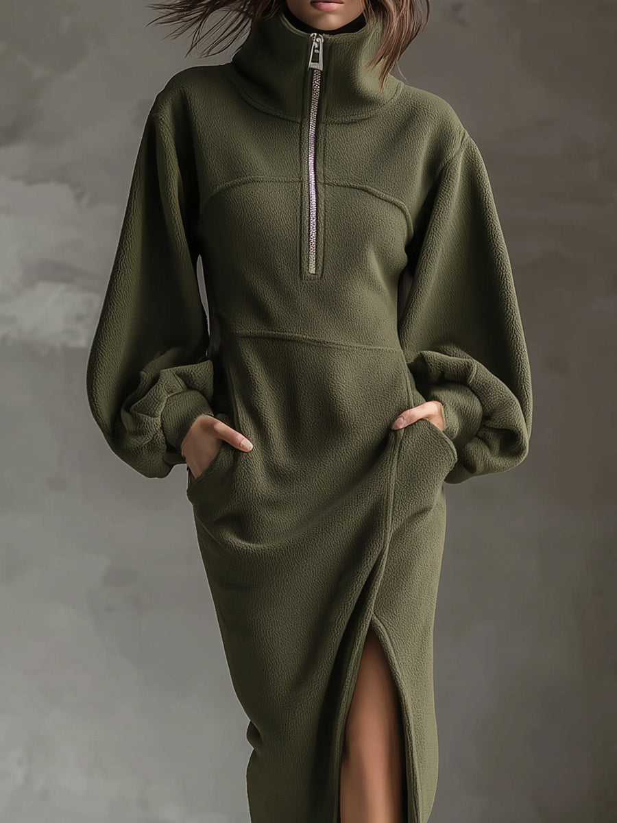Soft Polar Fleece Lantern Sleeves Slit Midi Dress